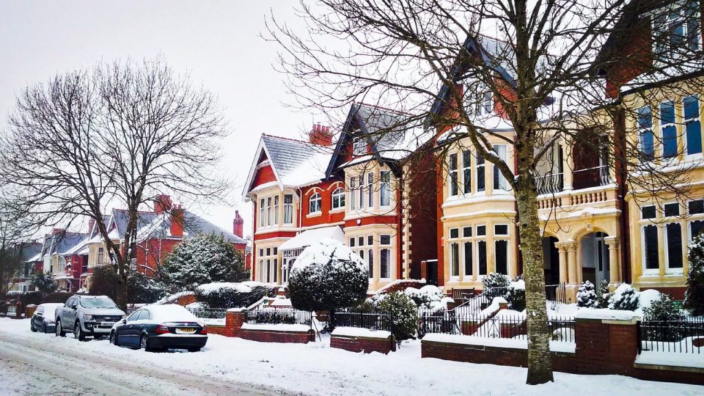 A row of terrace houses in winter